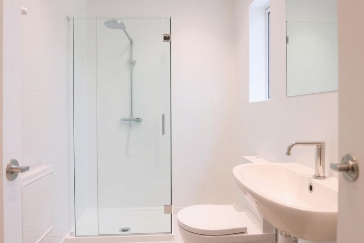 Modern white bathroom with walk-in shower and chrome mixer taps