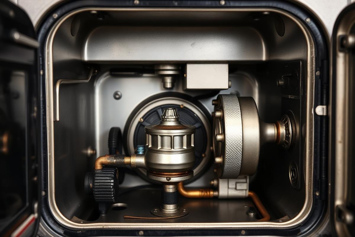 Open boiler casing showing heat exchanger and circuit board during repair