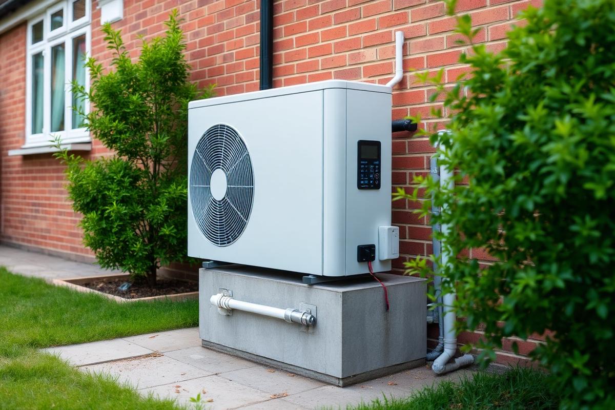 Air source heat pump unit installed outside a UK brick house with copper refrigerant pipes